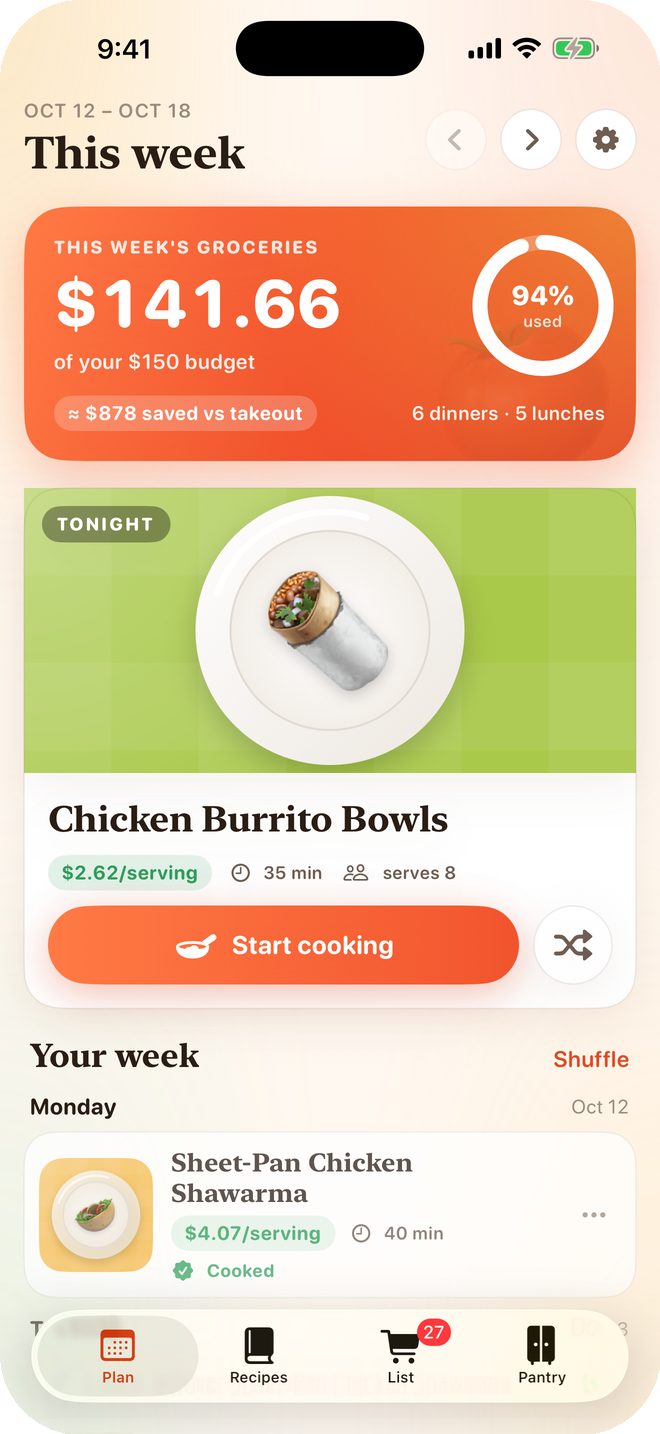 Pennyplate showing a week of dinners and the grocery total against the budget