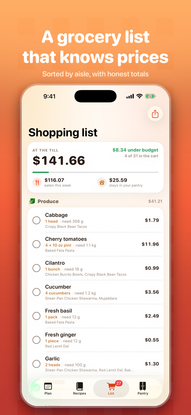Priced grocery list sorted by aisle